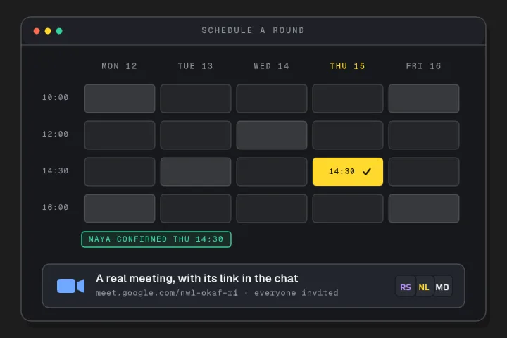 A week of slots: Thursday 14:30 is proposed, Maya confirms it, and a meeting with a Meet link appears with every attendee invited.